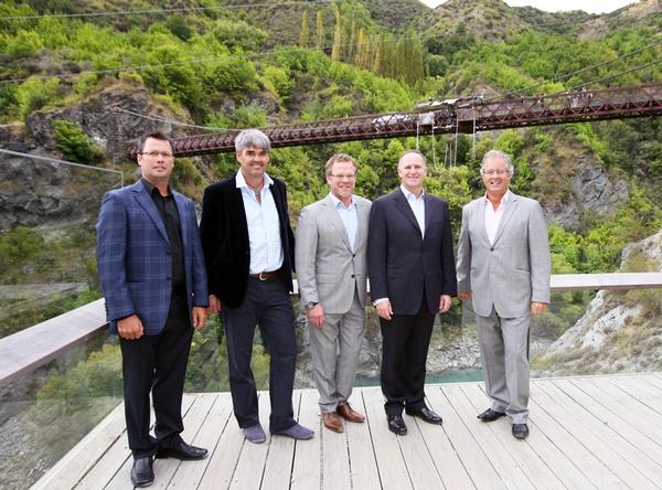 Kawarau Bungy Centre lower viewing deck (L to R)  -- AJ Hackett Bungy CEO David Mitchell with directors Mike Davies, Henry van Asch, Prime Minister John Key and Andrew Brinsley.